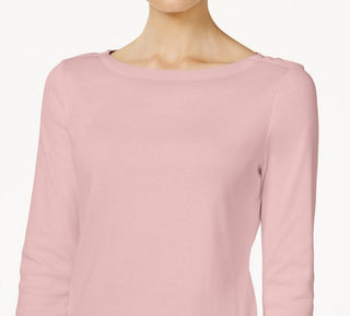 Charter Club Women's Petite Pima Cotton Button-Shoulder Top Pink Size Petite S