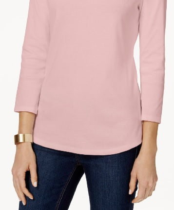 Charter Club Women's Petite Pima Cotton Button-Shoulder Top Pink Size Petite S