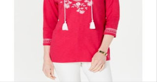 Charter Club Women's Cotton Embroidered Peasant Top Pink Size Petite SM