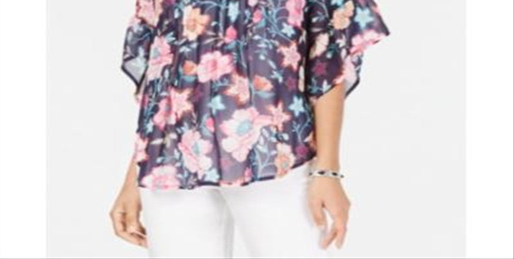 Style & CoWomen's Retro Scarf Print Pintuck Pleat Top Blue Size X-Small