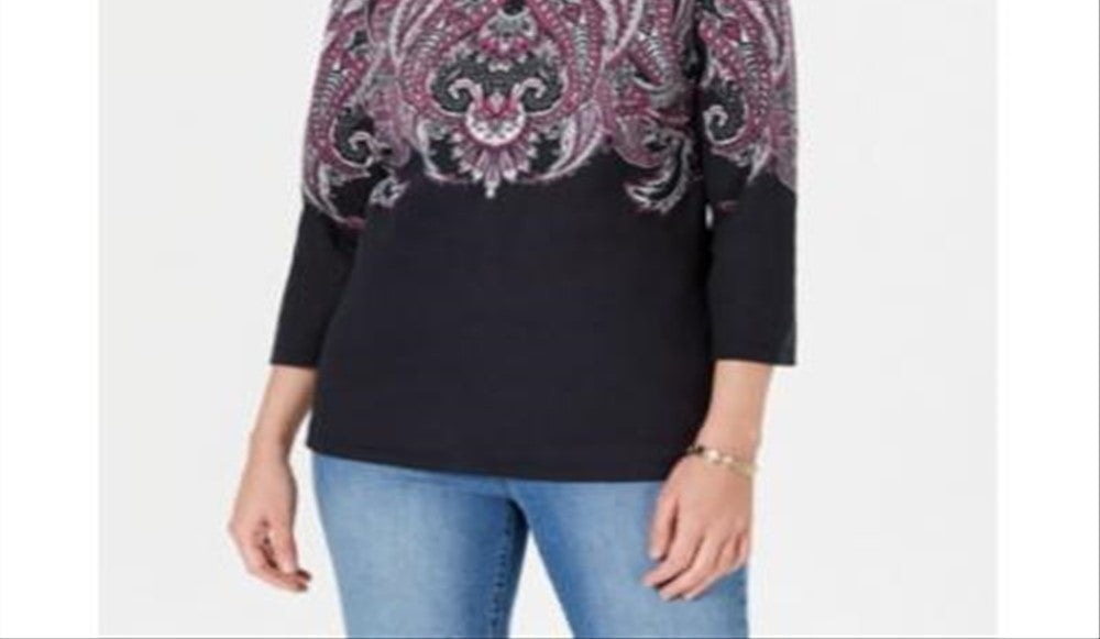 Karen Scott Women's Printed 3/4 Sleeve Crew Neck Blouse Black SizeX-Small