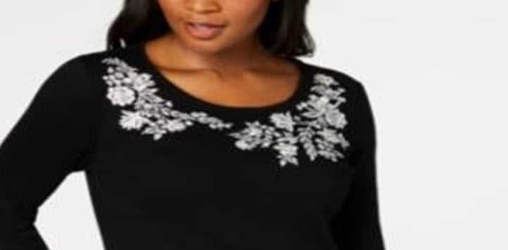 Karen Scott Women's Embroidered 3/4 Sleeve Top Black Size Petite Medium