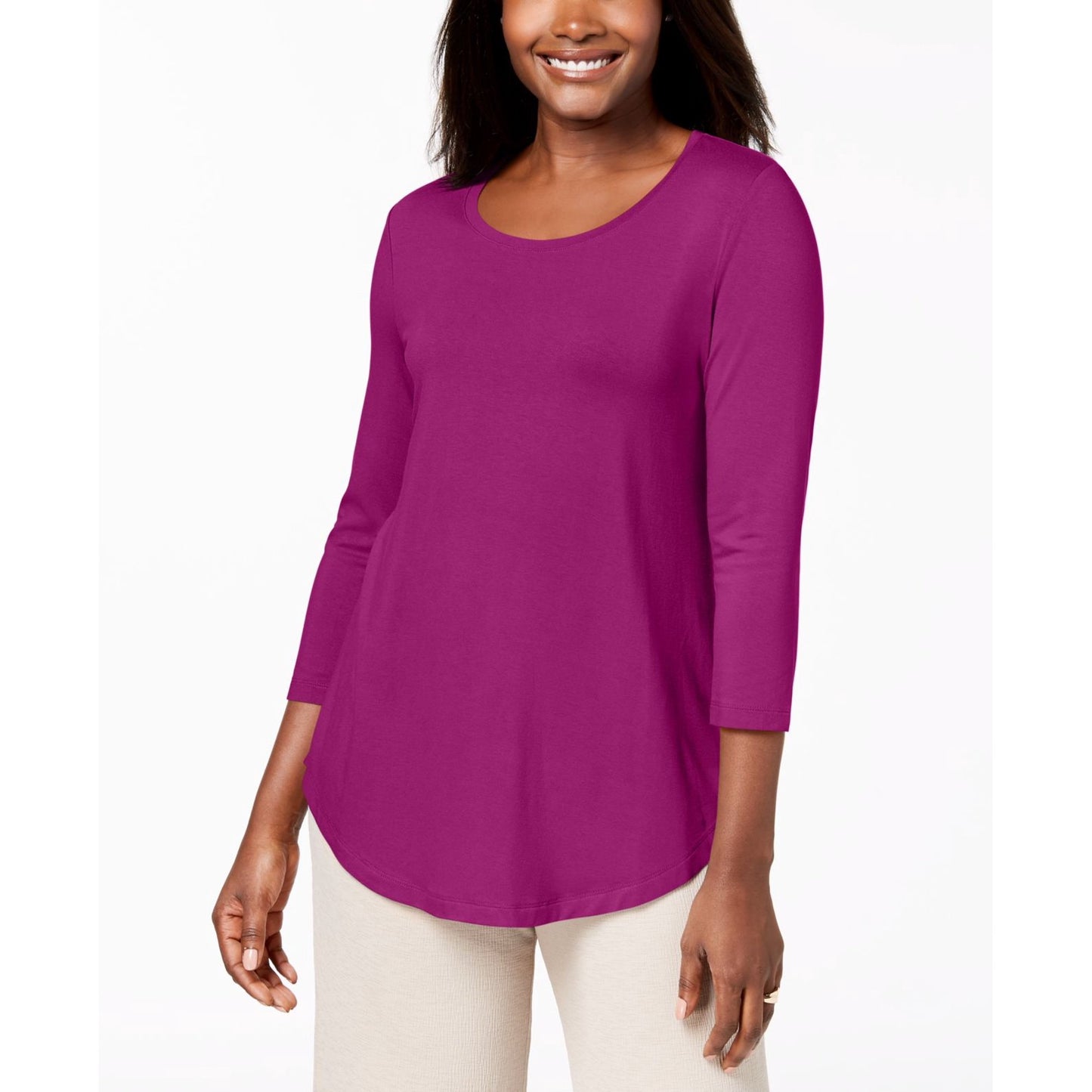 JM Collection Women's Three Quarter Sleeve Top Purple Size Petite L