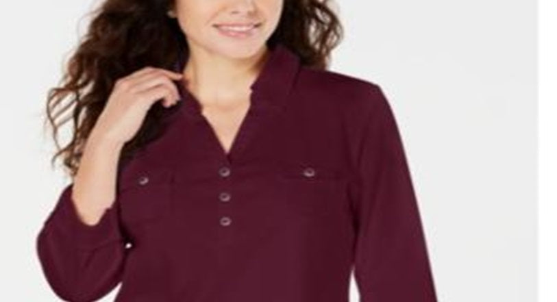 Karen Scott Women's Cotton Johnny Collar Utility Shirt Red Size Large