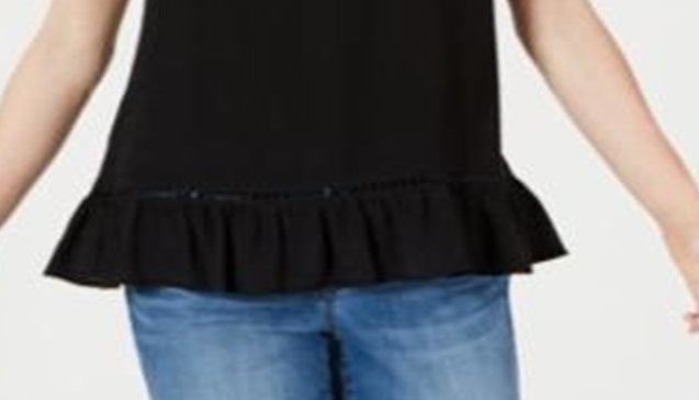 Style & Co Women's Ruffle Hem Open Trim Top Black Size Medium