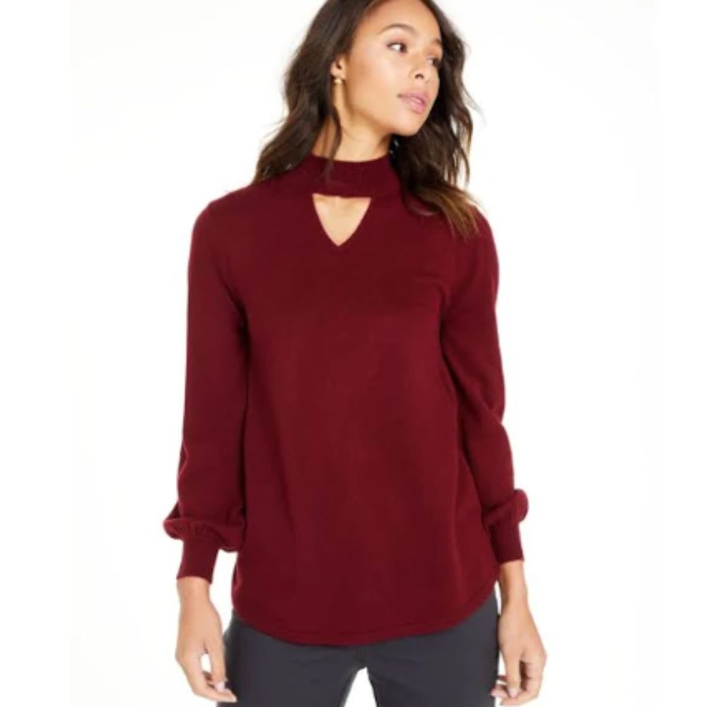 Style & Co Women's Mock Neck Keyhole Sweater Wine Size Large