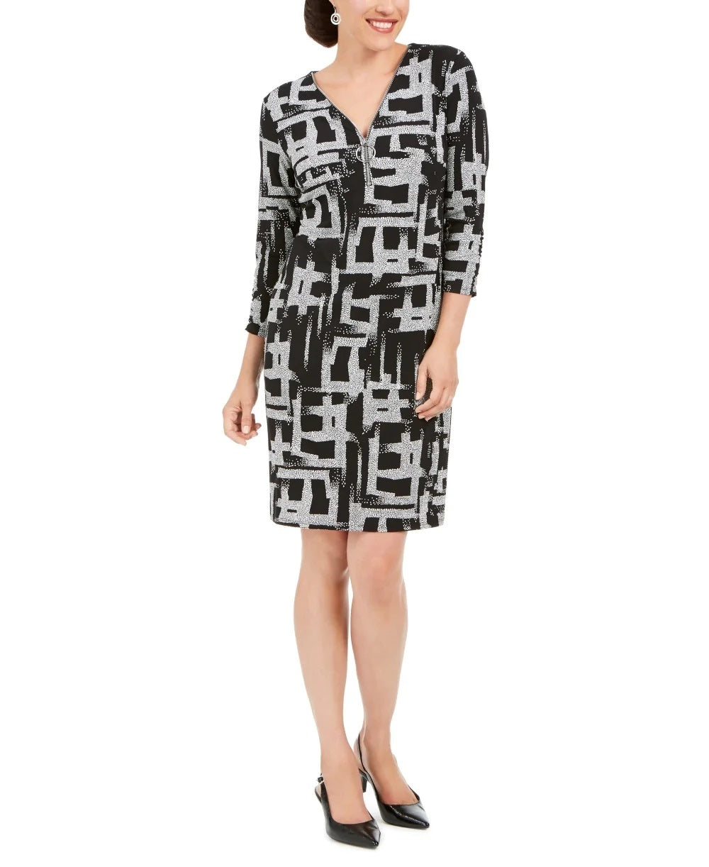JM Collection Women's Stippled Spots Printed Zip Front Dress Black Size Large