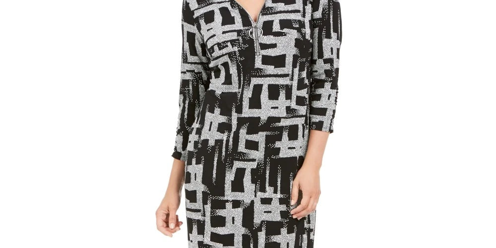 JM Collection Women's Stippled Spots Printed Zip Front Dress Black Size Large