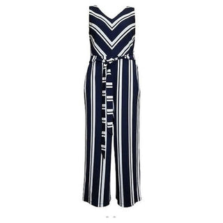 Charter Club Striped Belted Jumpsuit Navy Size L