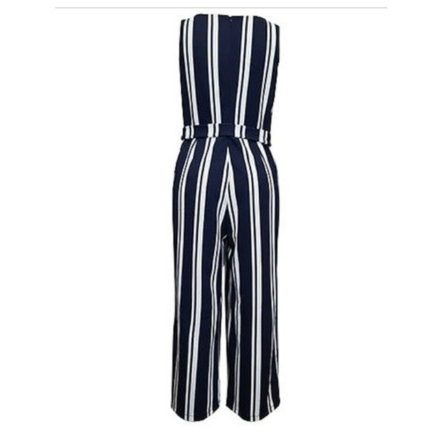 Charter Club Striped Belted Jumpsuit Navy Size L
