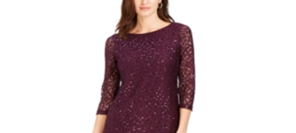 Jessica Howard Women's Long Sleeve Jewel Neck Short Sheath Evening Dress Purple Size 4 Petite