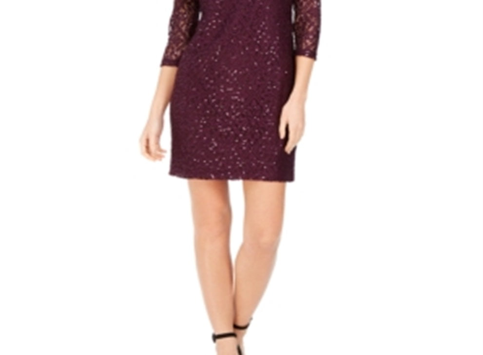 Jessica Howard Women's Long Sleeve Jewel Neck Short Sheath Evening Dress Purple Size 4 Petite