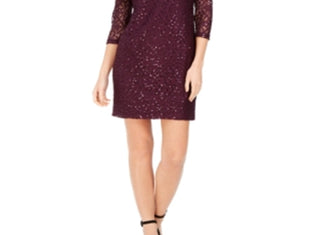 Jessica Howard Women's Long Sleeve Jewel Neck Short Sheath Evening Dress Purple Size 4 Petite