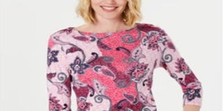 Charter Club Women's Printed Cotton 3/4 Sleeve Top Pink Size XX-Large