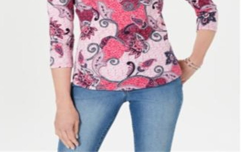 Charter Club Women's Printed Cotton 3/4 Sleeve Top Pink Size XX-Large