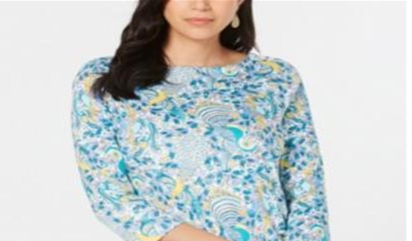 Charter Club Women's Pima Cotton Printed Boat Neck Top Blue Size Medium