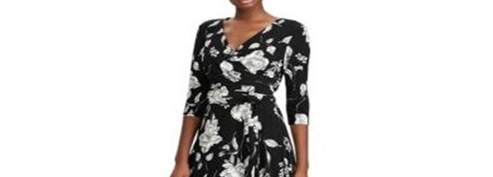 Ralph Lauren Women's Cream Floral Surplice Fit & Flare MIDI Dress Black Size 6