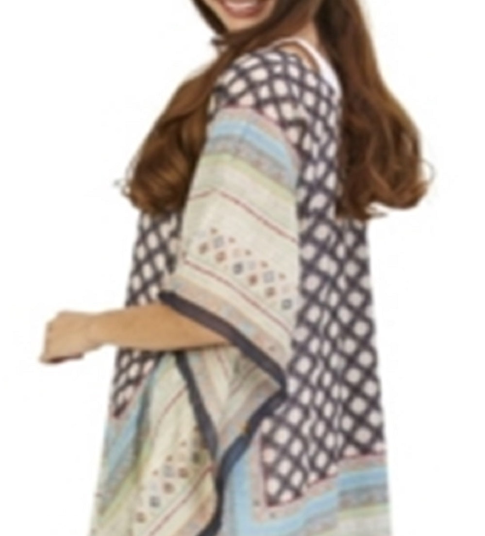 Two's Company Women's Roberta Moorish Pattern with Hand Stitched Embroidery and Tassels Poncho Blue Size One Size