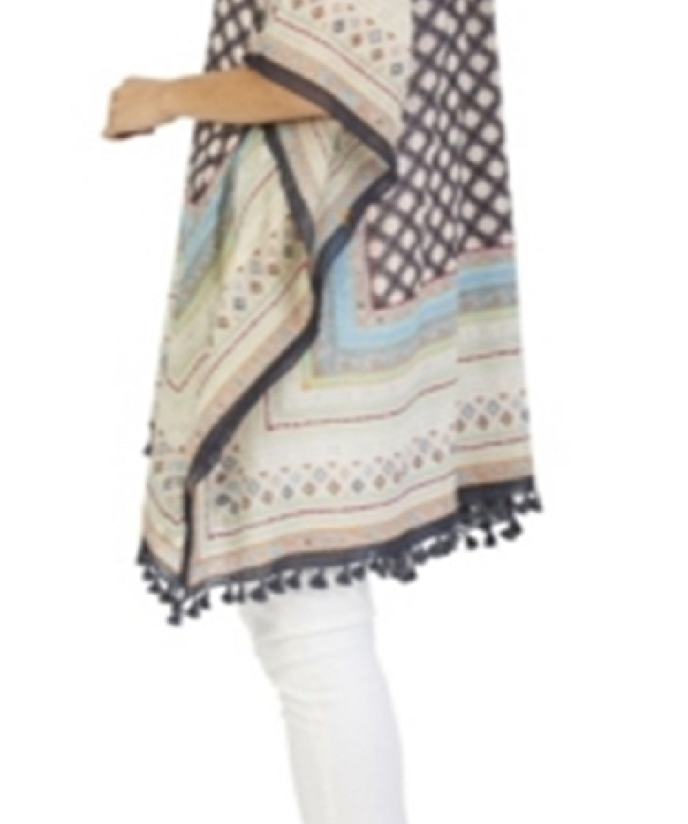Two's Company Women's Roberta Moorish Pattern with Hand Stitched Embroidery and Tassels Poncho Blue Size One Size