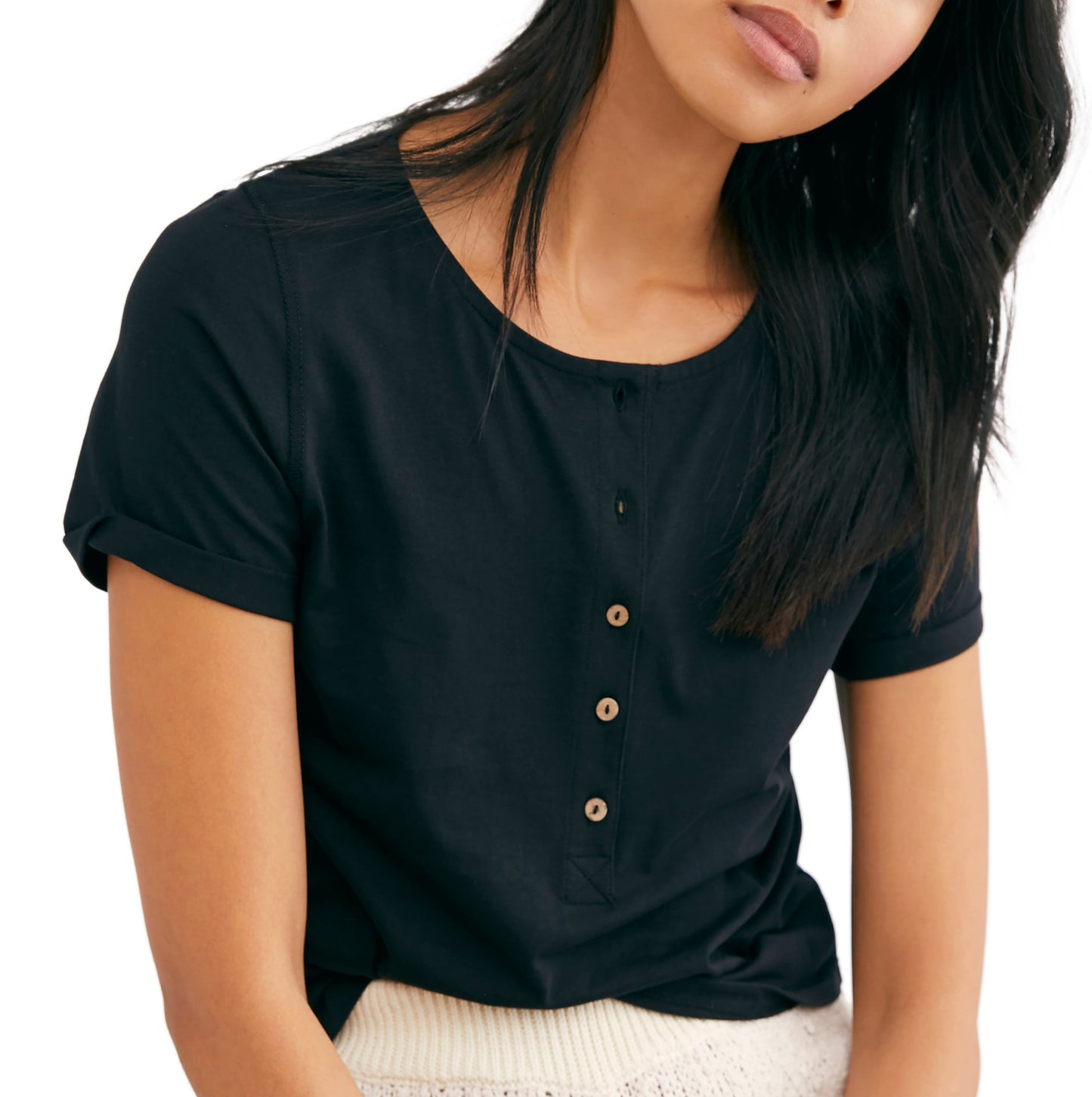 Free People Women's What's up Crop Casual Henley Top Black Size Large