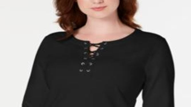 Karen Scott Women's Sport Lace up Sweatshirt Black Size Medium