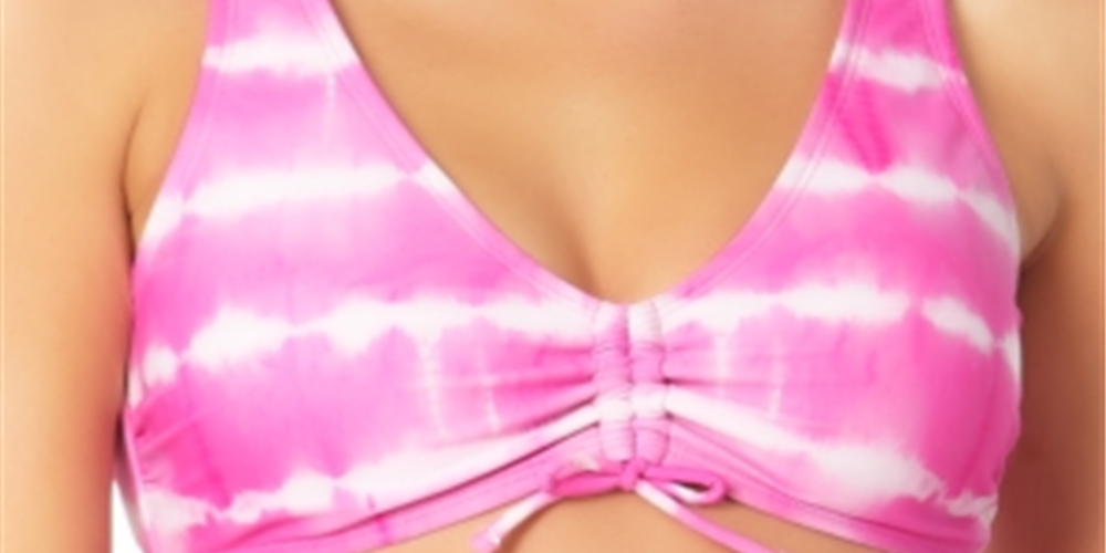 California Waves Women's Tie Dye Stretch Cinch Front Scoop Neck Adjustable Tie Bralette Swimsuit Top Pink Size Small