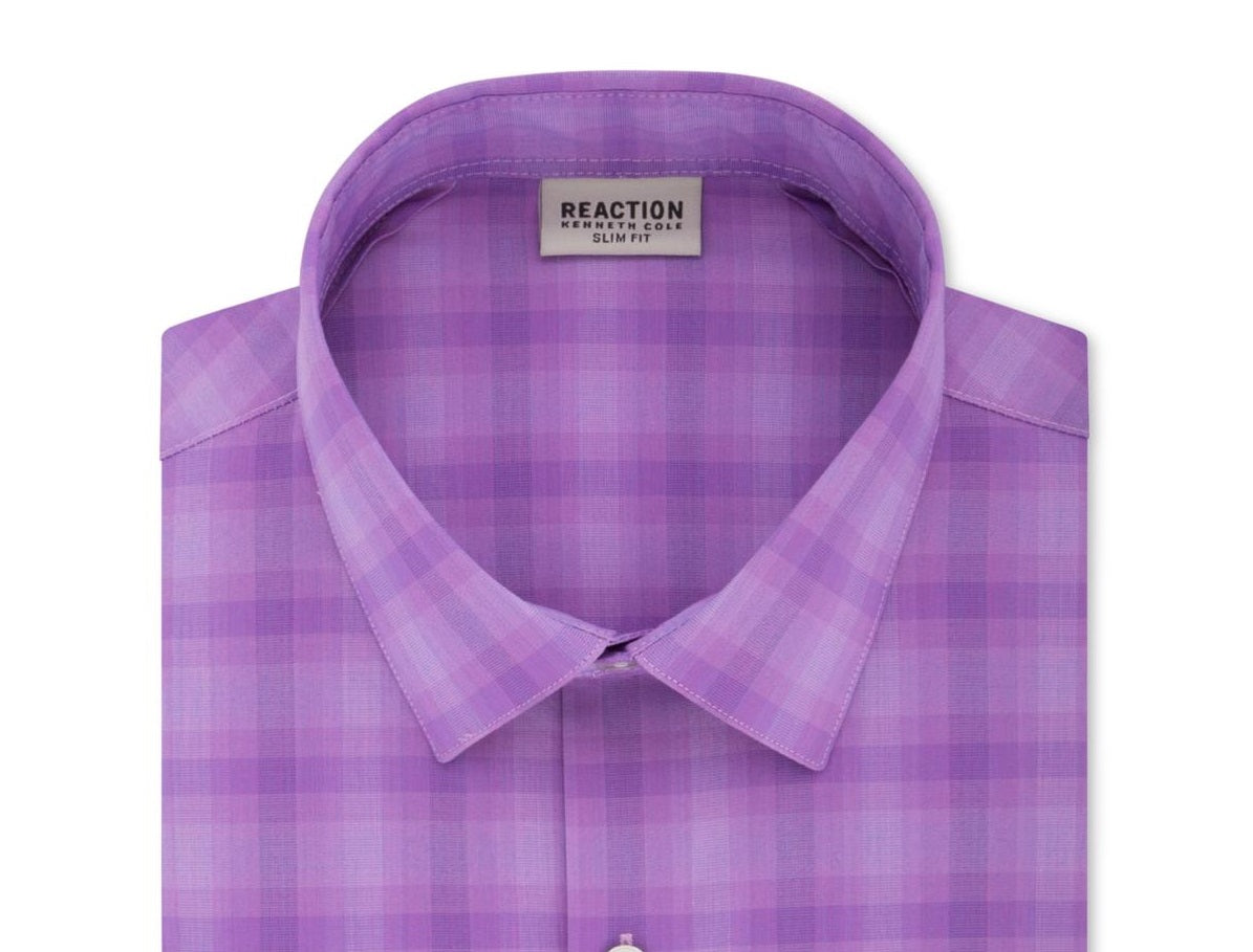 Kenneth Cole Reaction Men's Slim Fit Plaid Button Down Shirt Purple Size 16X34-35