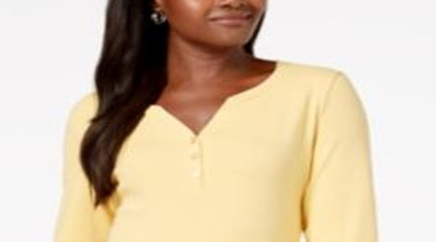 Karen Scott Women's Cotton Henley Top  Yellow Size X-Small