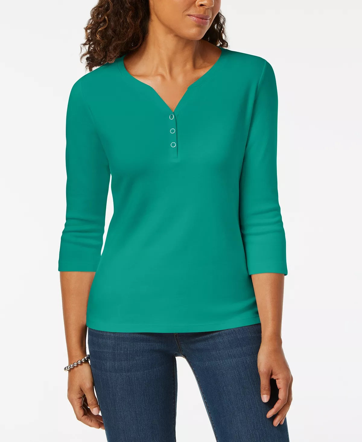 Karen Scott Women's Cotton Henley Top  Teal Size X-Small