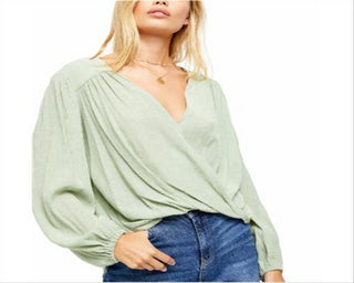 Free People Women's Check on It Hi Low Drapey Wrap Top Green Size Small