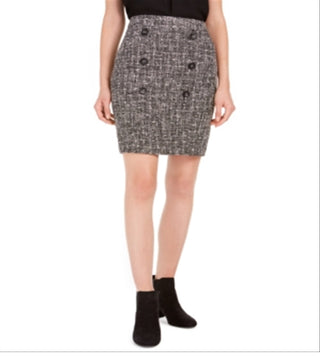 Bar III Women's Button Detail Tweed Pencil Skirt Black Size 6