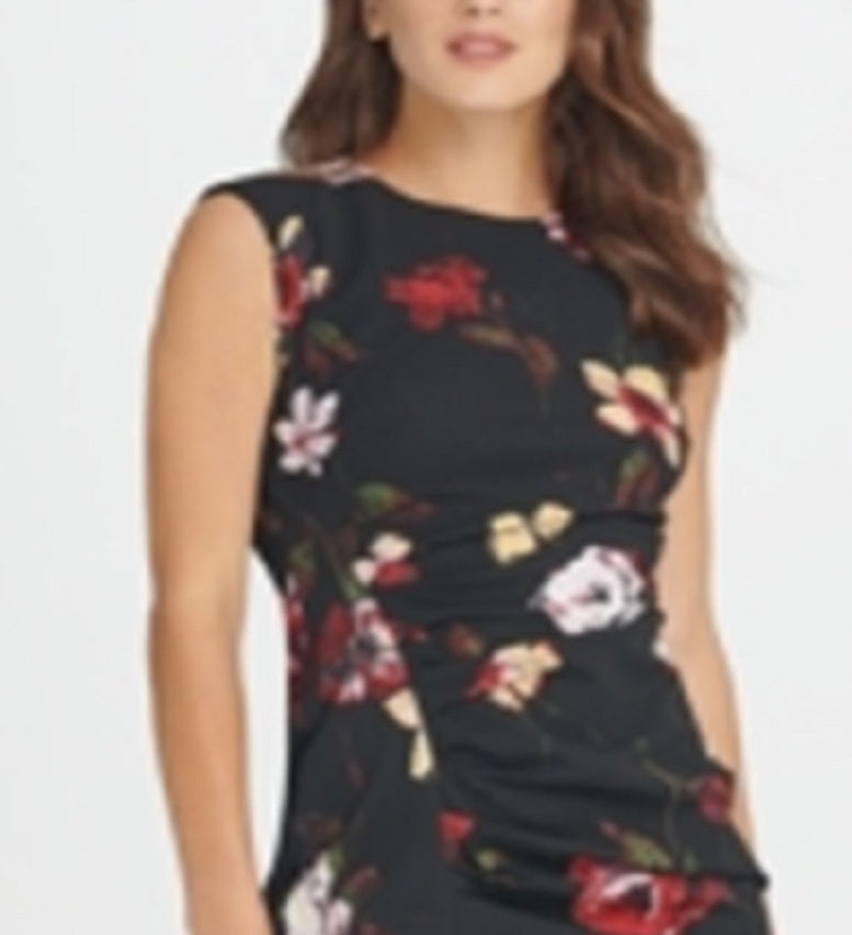 DKNY Women's Ruched Floral Print Sheath Dress Black Size12