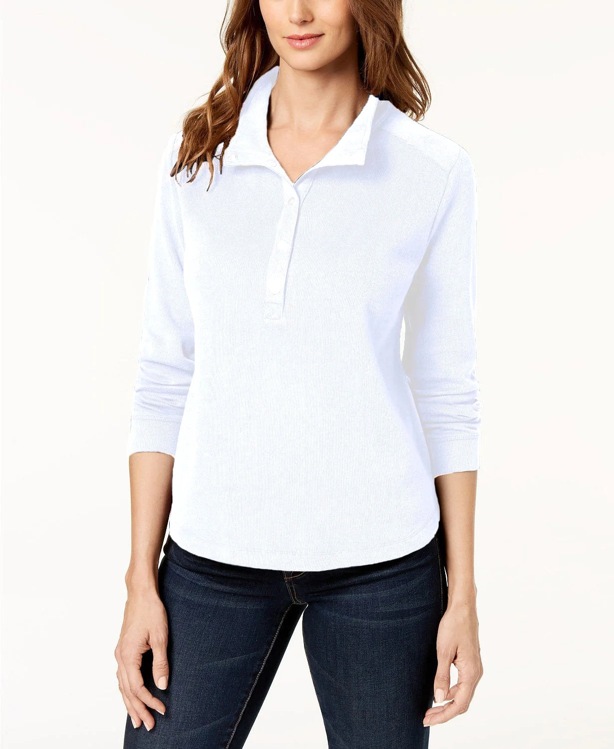 Karen Scott Women's Stand Collar Snap Front Top -White Size Petite Small