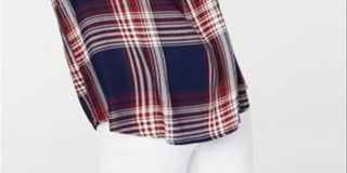 BCX Women's Plaid Bell Sleeve Jewel Neck Peasant Top Blue Size Small