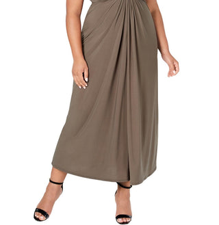 Love Squared Women's Ruched Tie Cap Sleeve V Neck Full Length Empire Waist Evening Dress Green Size 2X