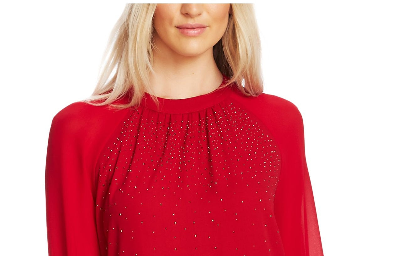Vince Camuto Women's Embellished Sheer Sleeve Top Red Size X-Large