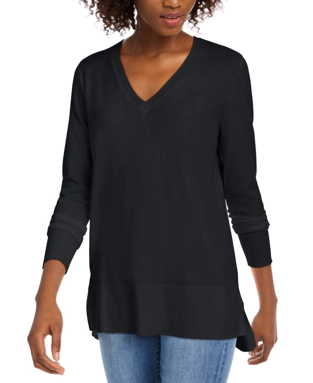 Maison Jules Women's V Neck Tunic Sweater Black Size Small