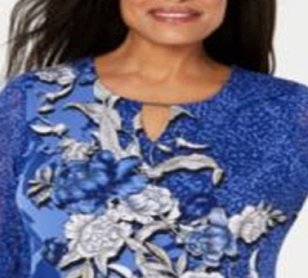 JM Collection Women's Embellished Split Sleeve Top Blue Size Petite