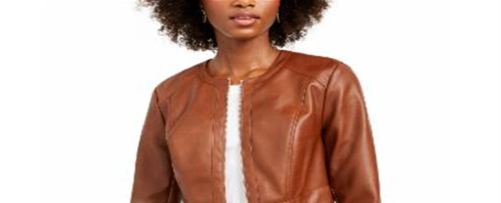 INC International Concepts Women's Faux Leather Peplum Jacket Brown Size Petite L