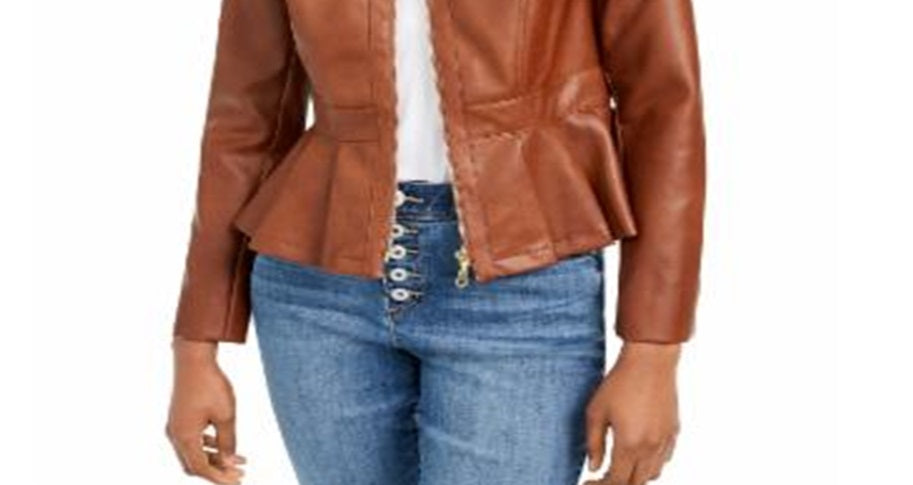 INC International Concepts Women's Faux Leather Peplum Jacket Brown Size Petite L