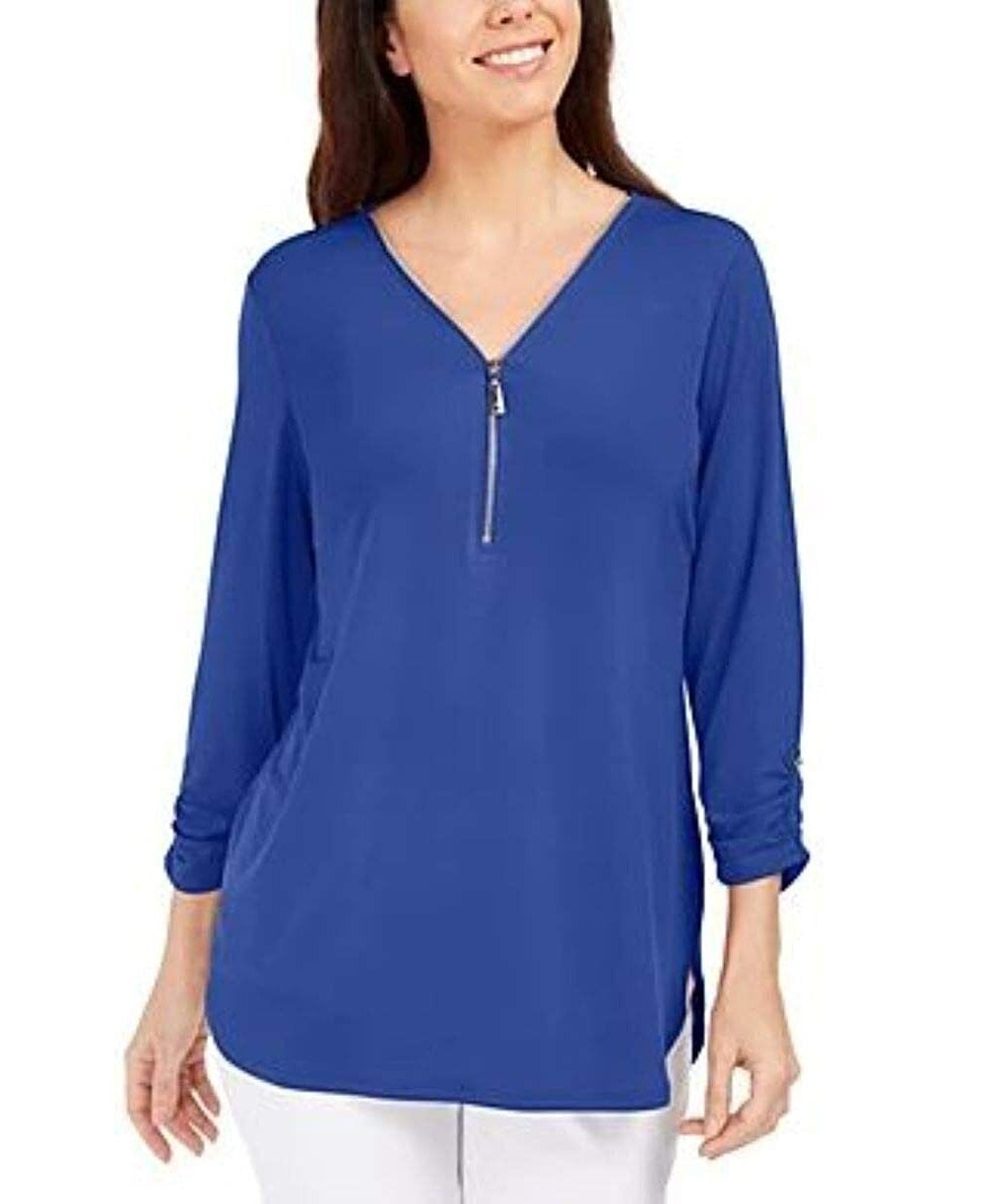JM Collection Women's Zipper Trim 3/4 Sleeve Top Blue Size Medium