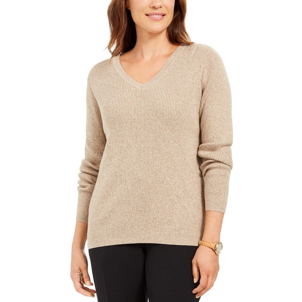 Karen Scott Women's Cotton Ribbed Marled Sweater Brown Size Petite Small