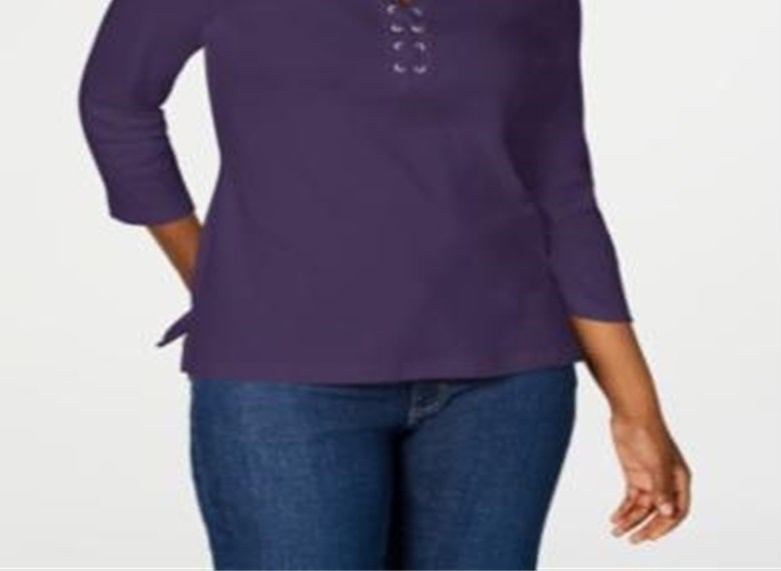 Karen Scott Women's Cotton Lace up Shirt Purple Size Large