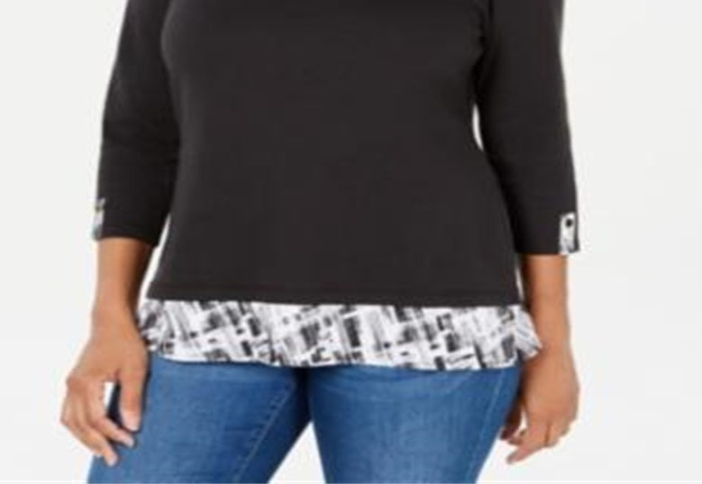 Karen Scott Women's Printed Trim Top Black Size Petite S