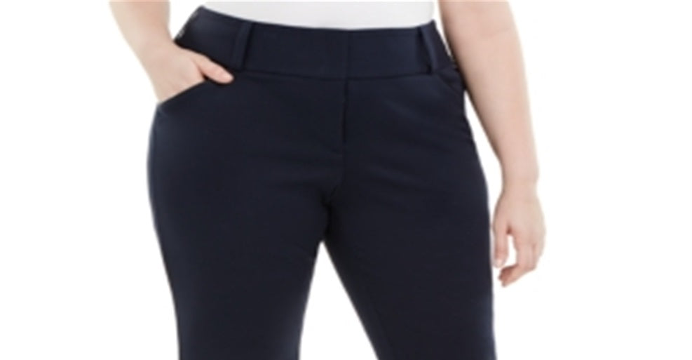 Alfani Women's Plus Tummy Control Faux Leather Trim Trousers Navy Size 26W