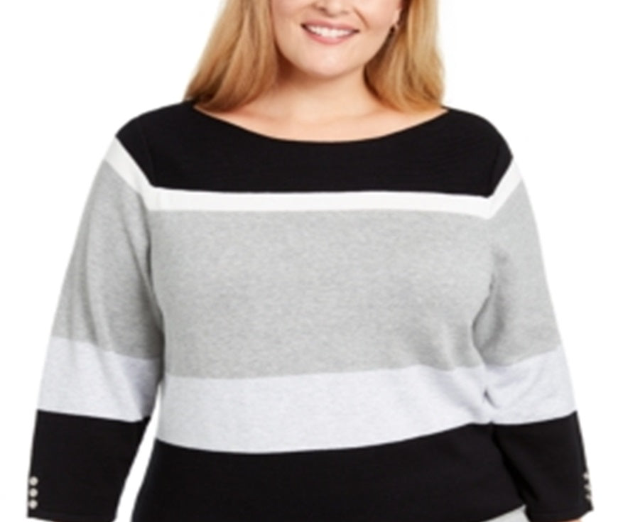 Karen Scott Women's Striped Ballet Neck Cotton Sweater Black Size 3X