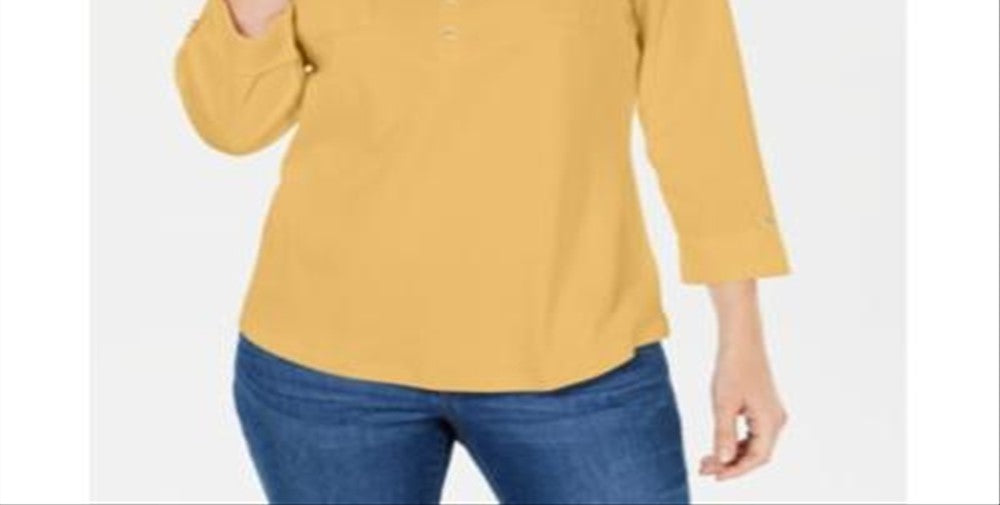 Karen Scott Women's Cotton Johnny Collar Utility Shirt Yellow Size Small