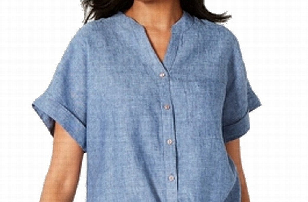 Charter Club Women's Button Front Tie Hem Top Blue Size Medium