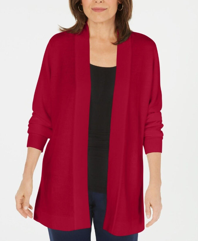 Karen Scott Women's Open Front Long Sleeve Cardigan Blue Red Petite Medium