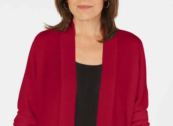 Karen Scott Women's Open Front Long Sleeve Cardigan Blue Red Petite Medium